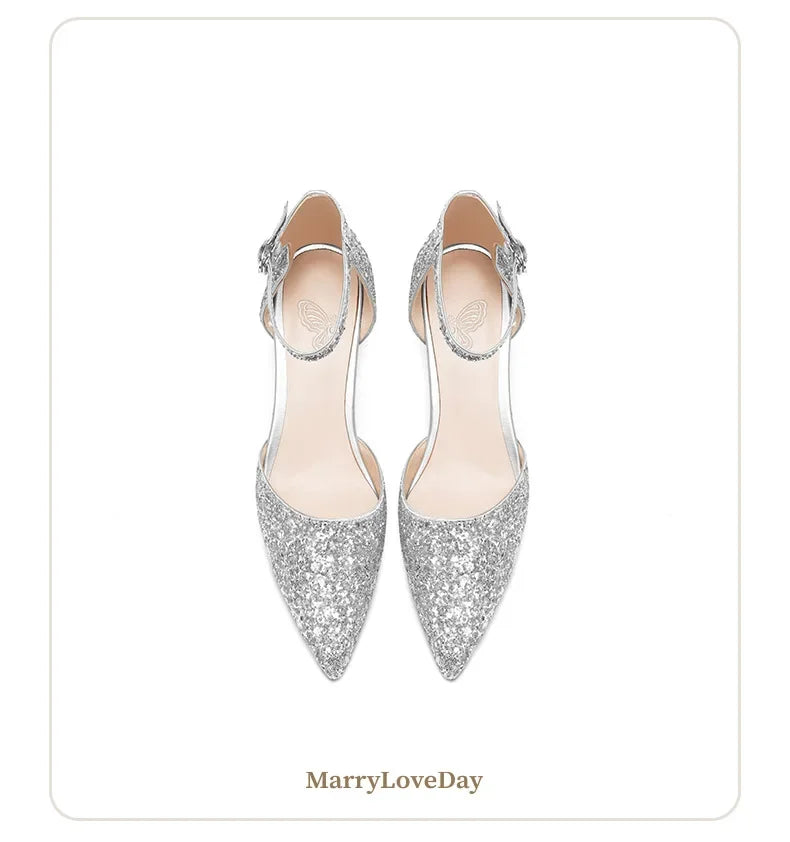 Luxury Silver Gold Sandals Women Summer Pointed Elegant Crystal High Heels Ladies Flip Flop Sequined Party Banquet Wedding Shoes