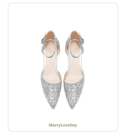 Luxury Silver Gold Sandals Women Summer Pointed Elegant Crystal High Heels Ladies Flip Flop Sequined Party Banquet Wedding Shoes