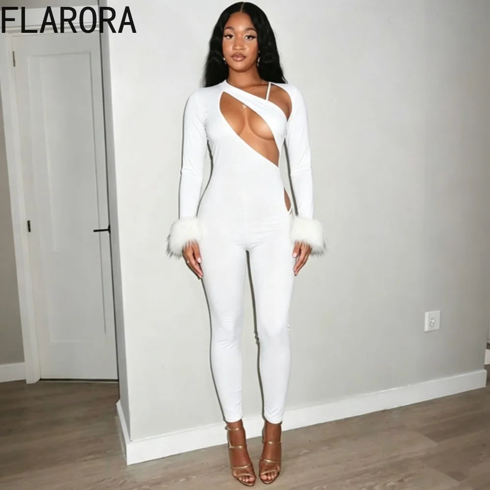 FLARORA Sexy Hollow Out Jumpsuits Woman Faux Fur Patchwork Skew Neck Full Sleeve Backless Skinny Peach Hip Party Club Overalls