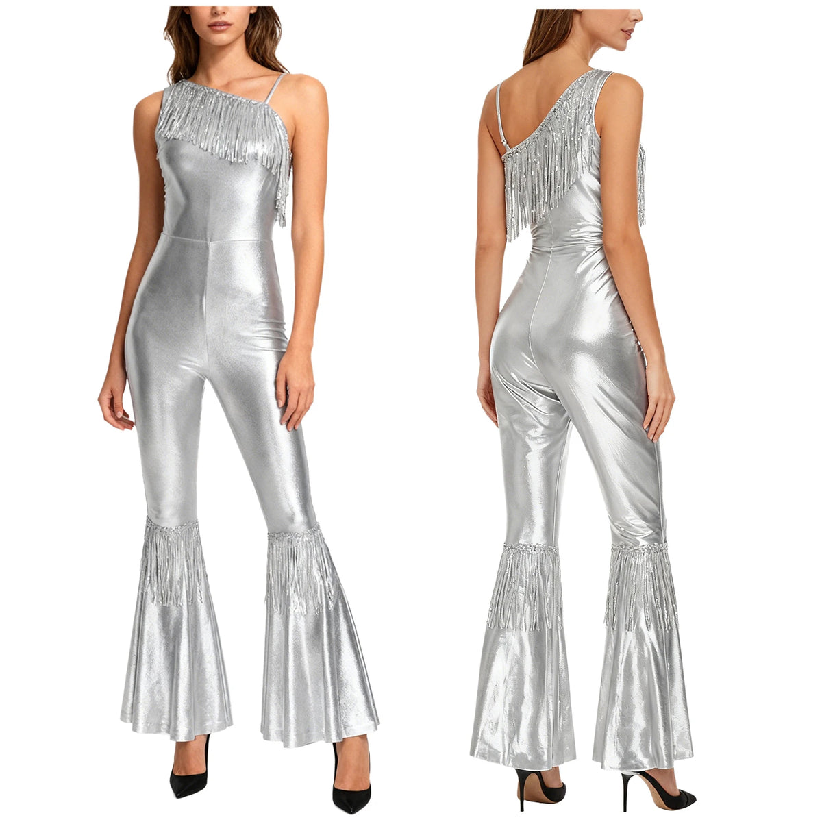 Women Shiny Metallic Jazz Disco Dance Jumpsuit 70s 80s Hippie Costume Sequin Tassels One Shoulder Bell Bottom Bodysuit Rompers