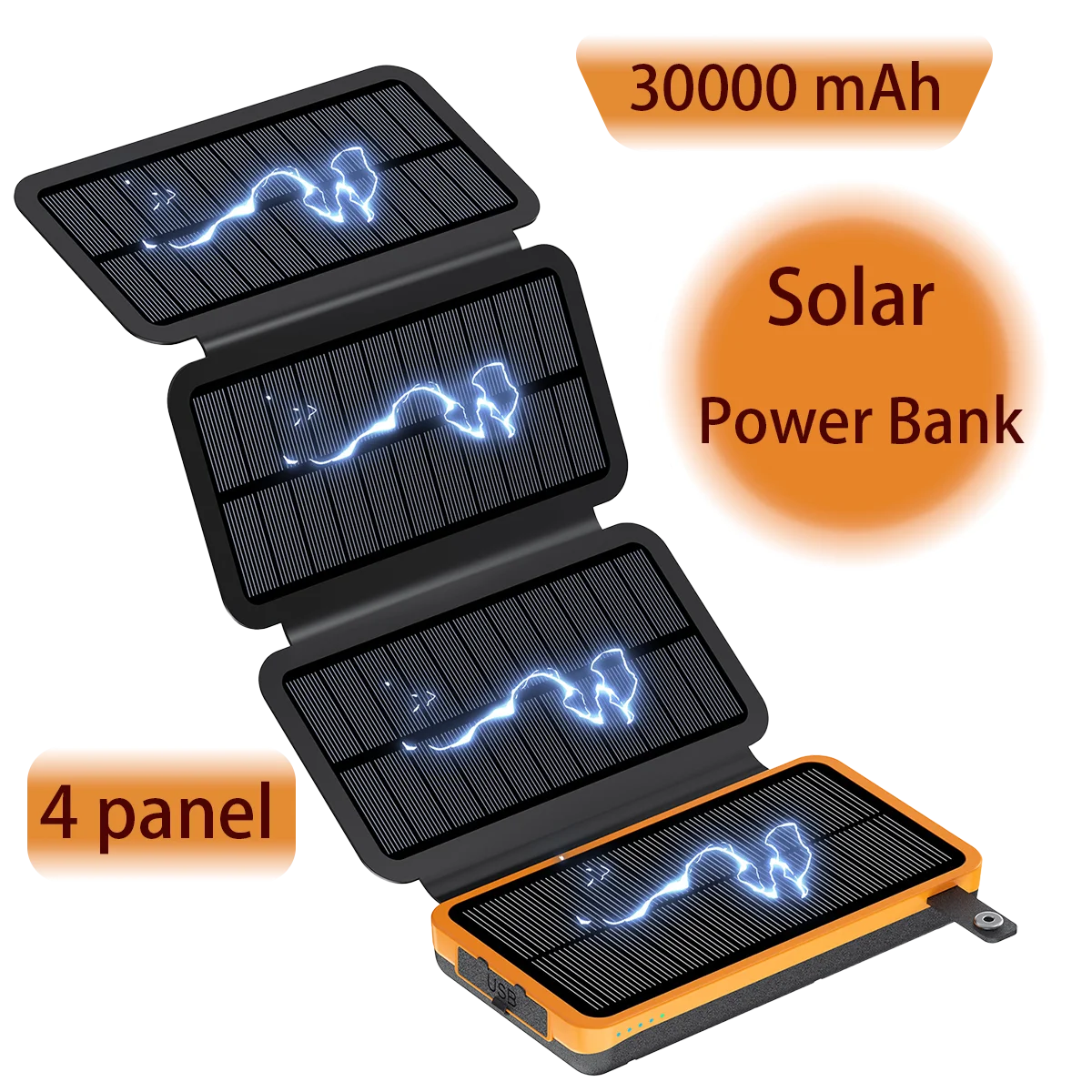 30000mAh Solar Power Bank Flip Panel Large Capacity IOS/Android USB Fast Charge Dual Charging Solar/Type-C Portable for Camping
