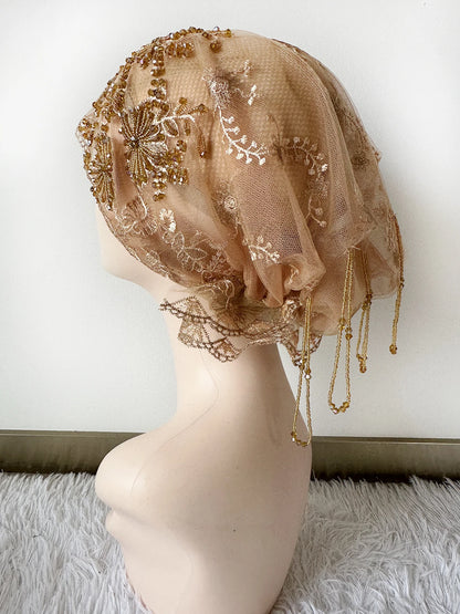 High Quality Lace handcrafted Beaded Turban Hat Female Head Wraps Caps Muslim Women Headscarf Bonnet Ready to Wear Inner Hijabs