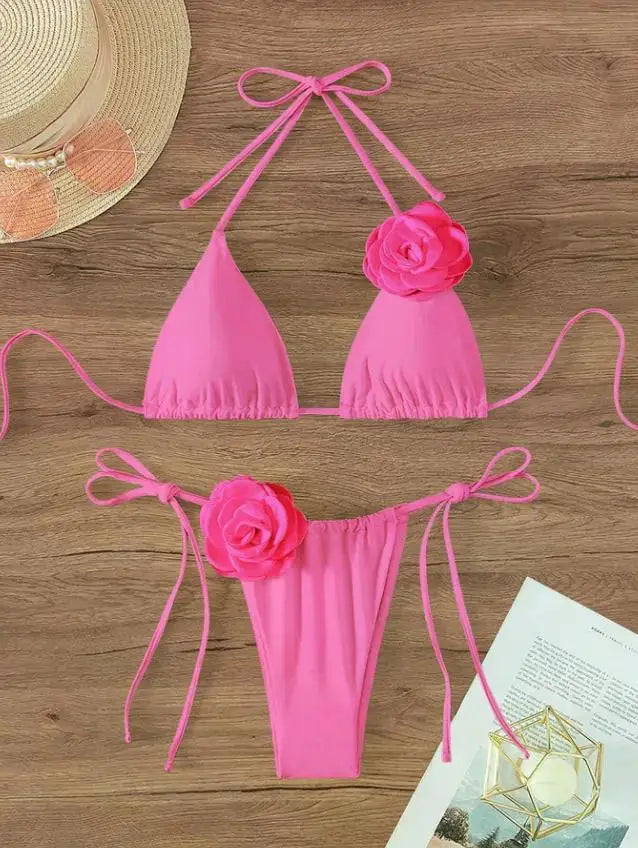 2026 S-L Sexy 3D Flowers Halter Strappy Bikini Women Swimwear Female Swimsuit Two-pieces Bikini Set Bather Bathing Suit Swim