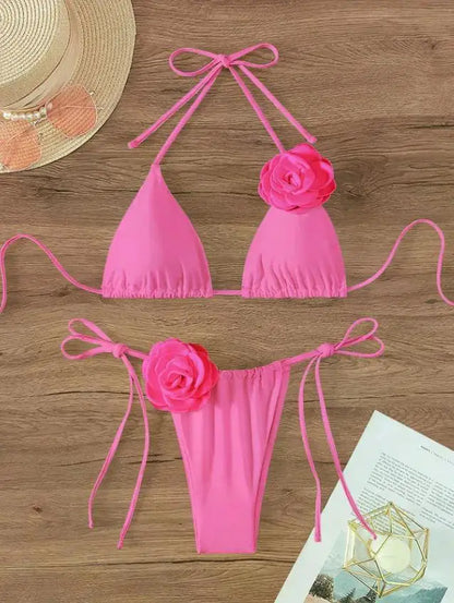 2026 S-L Sexy 3D Flowers Halter Strappy Bikini Women Swimwear Female Swimsuit Two-pieces Bikini Set Bather Bathing Suit Swim