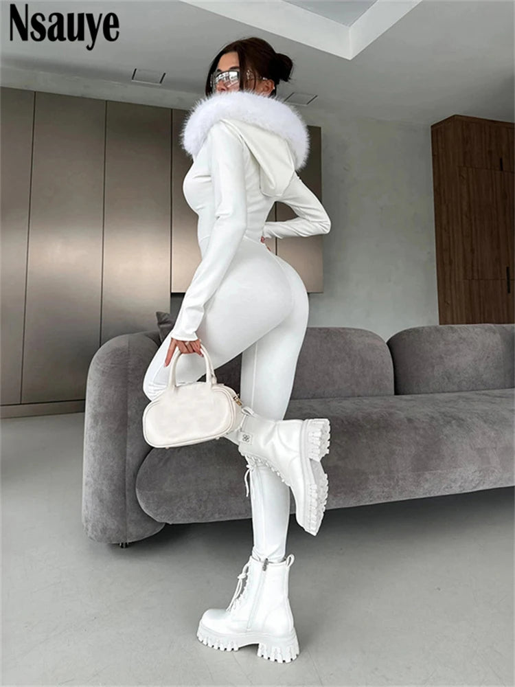 Nsauye Jumpsuits Women Long Sleeve Pullover Faux Fur Hoodies Skinny One Pieces Overalls Sexy Clubwear Sport Y2K Jumpsuit Rompers