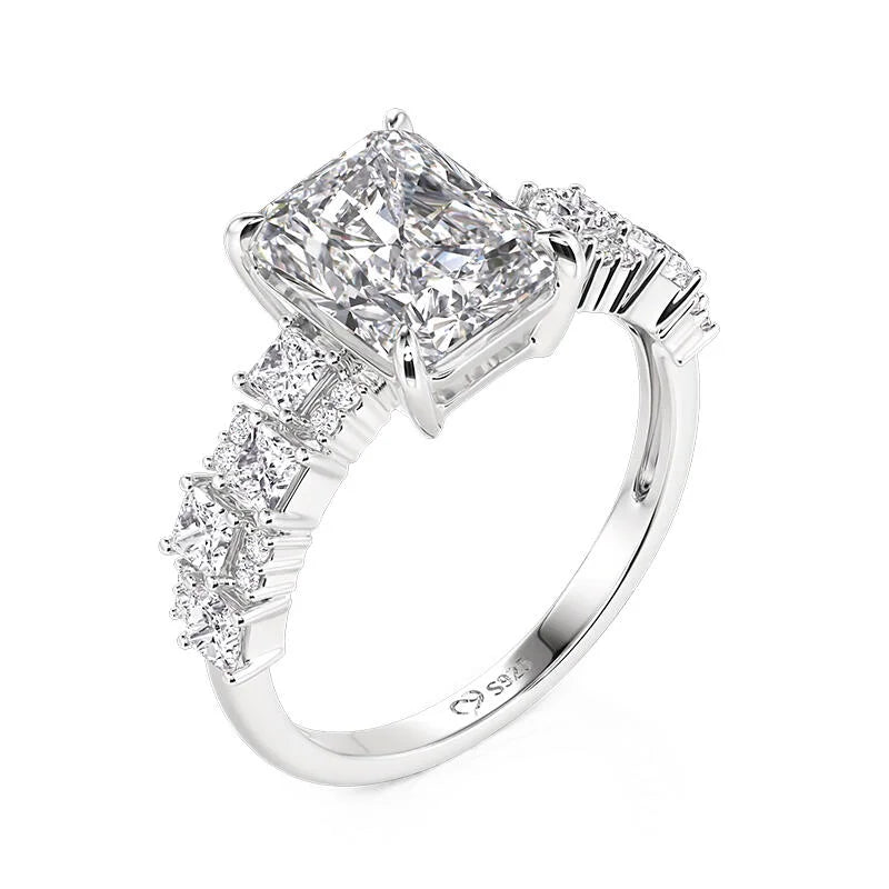 Full Moissanite Engagement Ring with Tapered Baguette Shape Diamond S925 Silver Wedding Rings for Women