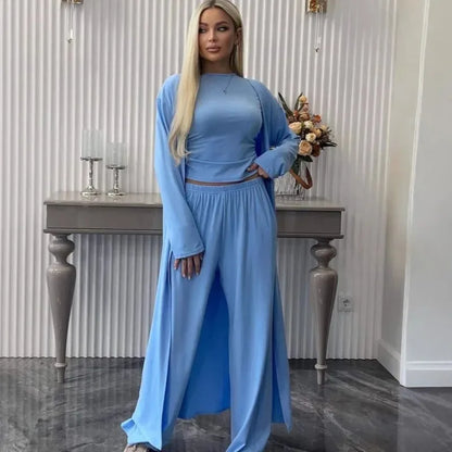 Women Cardigan Vest Wide Leg Pants 3 Piece Sets Top Long Coat Trousers Suit Office Lady Ensemble Spring Summer 2026 Outfits