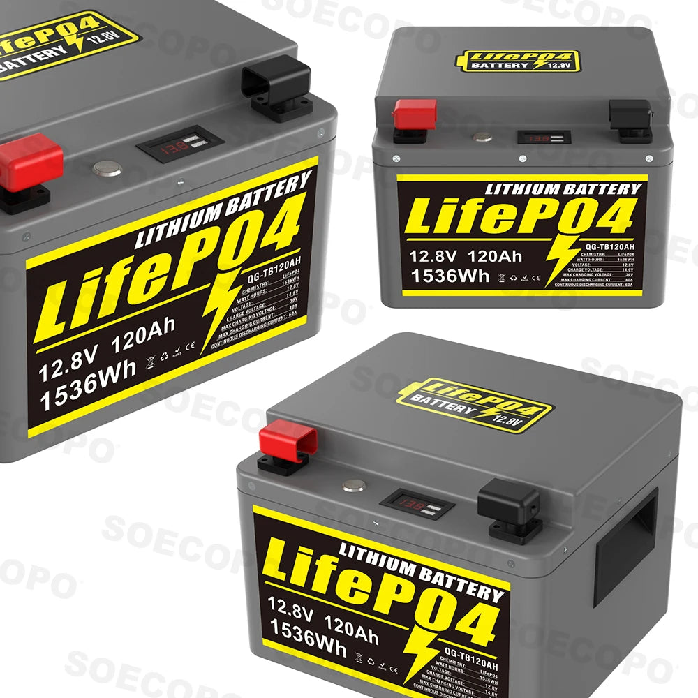 SOECOPO 12V 120Ah Portable LiFePO4 Battery 1536Wh LCD Screen USB Output for Home Camping Fishing Trolling Motor Power Bank
