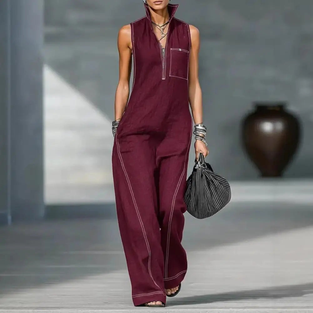 Solid Color Women Sleeveless Jumpsuit Casual Long Pants Rompers with Pockets Summer Zip Up Stand Collar One Piece Overalls