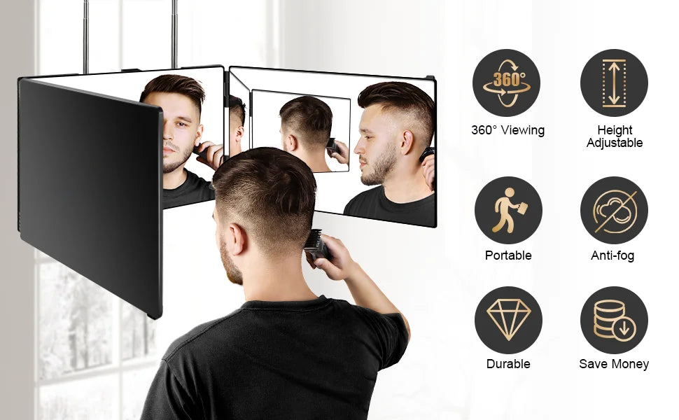 Travel Portable 360° Trifold Vanity Makeup Mirror with Height Adjustable Telescoping Hook for Hair Self Cutting, Shaving, Gifts