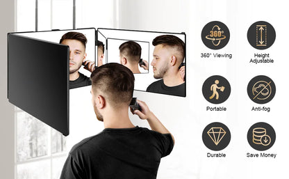 Travel Portable 360° Trifold Vanity Makeup Mirror with Height Adjustable Telescoping Hook for Hair Self Cutting, Shaving, Gifts