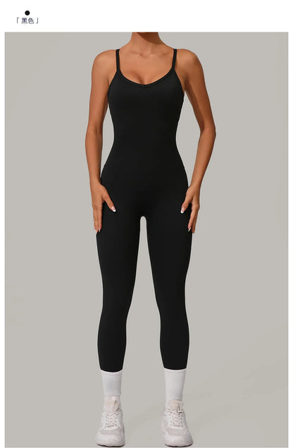 New Nylon Pad V-Neck Wrap Yoga Bodysuit - Adjustable Hook Tummy Control Butt Lift Workout Jumpsuit
