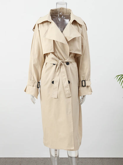 Women Black Long Solid Color Trench Coat Stand Collar Loose Drop Shoulder Single-breasted Windbreaker Lady Commute Outing Wear