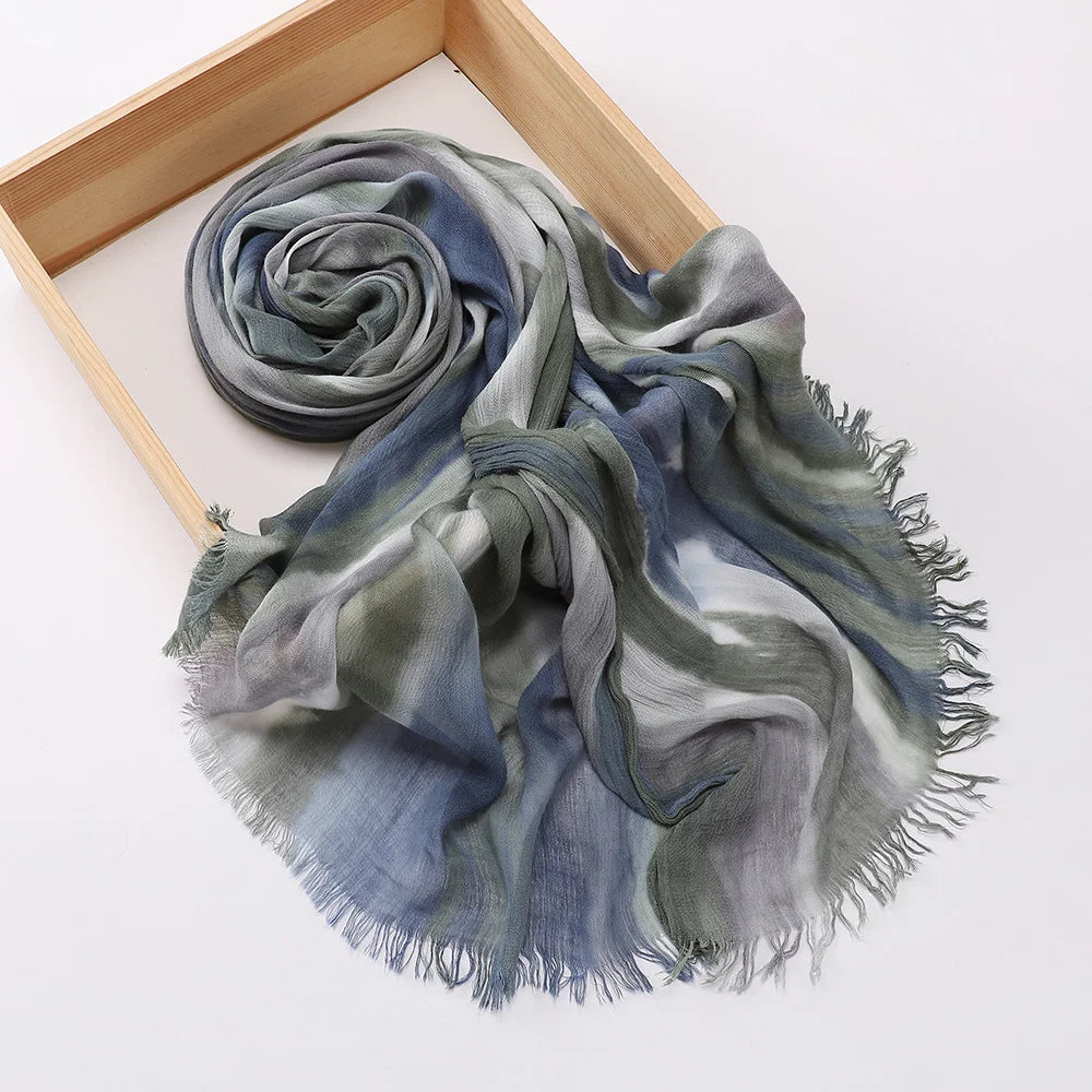 New Fashion Cotton Blend Hijabs Scarf Woman Graduated Color Striped Women Headscarf Retro Versatile Printing Long Shawl