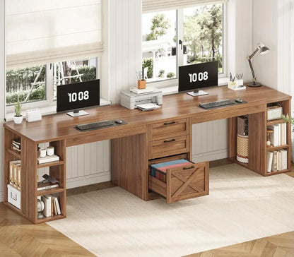 Farmhouse 96.5" 2 Person Computer Desk with Drawers for Home Office | Gaming Double Desk with Storage Shelves, Long Two, Custom