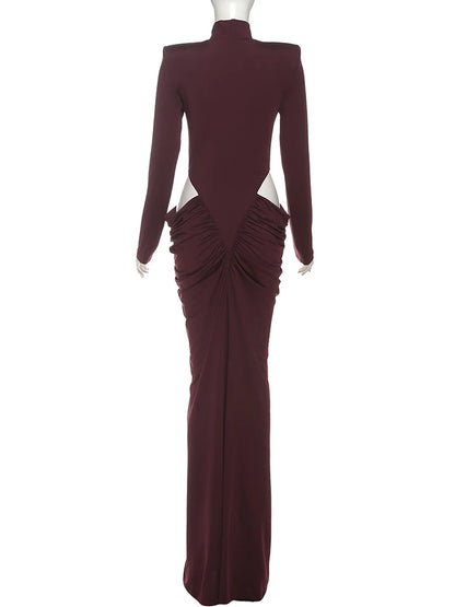 Nibber Hipster Waistless Ruched Elegant Dress Woman Autumn Style Turtleneck Full Sleeve Hollow Design Prom Party Long Bodycon