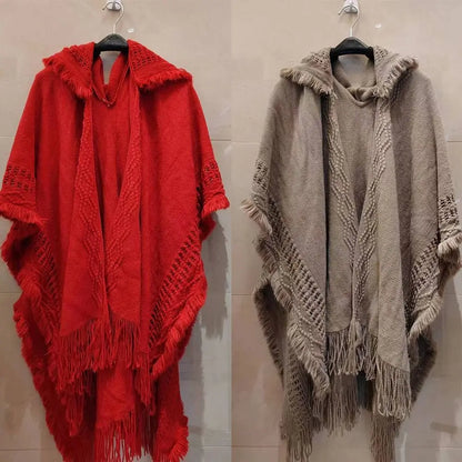 Wedding Party Cloak Hooded Knitted Shawl Bohemian Winter Warm Ladies Tassel Cape Oblique Stripe Wraps Scarf Coat