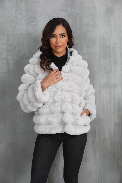 2026 Winter Hooded Plus Size Faux Fur Cropped Coat Women Furry Long Sleeve Plush Jacket Lady Large Fake Fur Warm Fluffy Cardigan