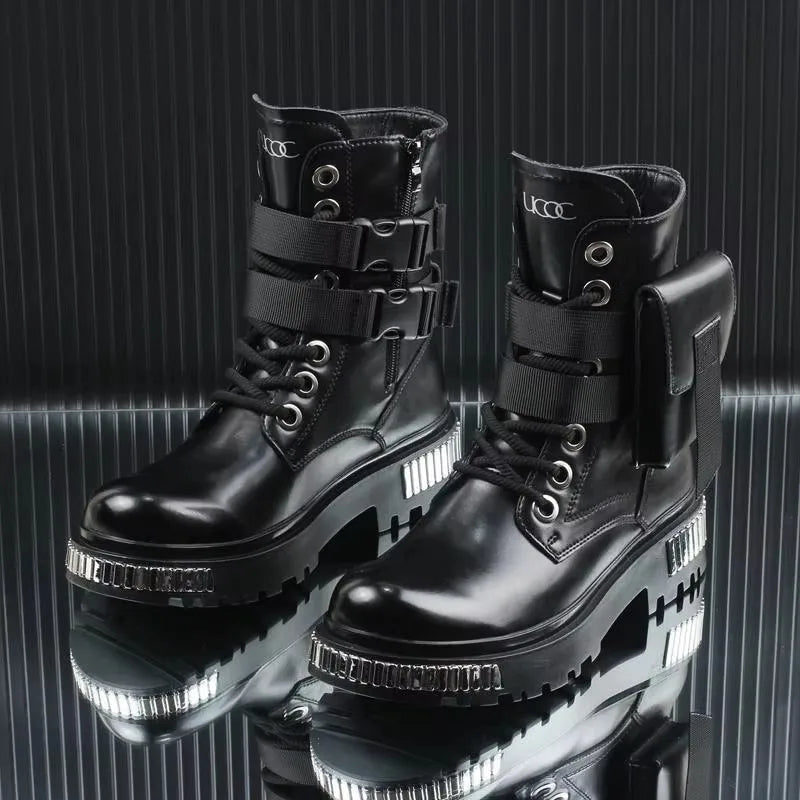 2025 White Men's High-Top Winter Velvet Warm British Medium Motorcycle Thick-Soled Boots