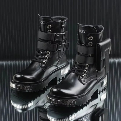 2025 White Men's High-Top Winter Velvet Warm British Medium Motorcycle Thick-Soled Boots