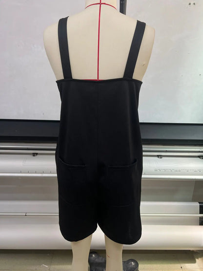 Women Sleeveless Strap Short Romper Heart Neck Pleated Wide Leg Jumpsuit With Pockets Loose Summer Casual Beach Vacation Outfit