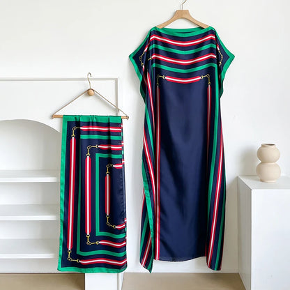 Fashion Summer Kaftan Dress for Women with Big Scarf Loose Abaya Muslim Casual Print Shawl Robe African Style Dubai Turkey
