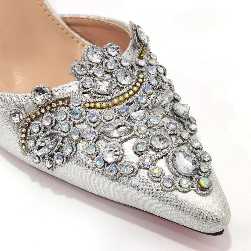 Exquisite 2024 Elegant Woman High Heels Peep Toe Shandals with Rhinestone Italian Design Shoes and Bags Set for Party