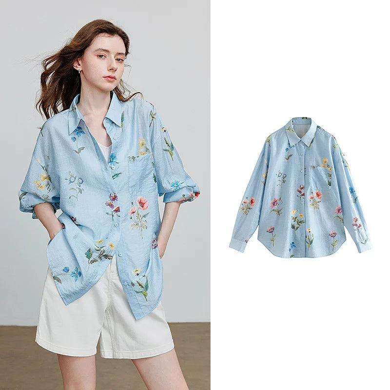 TOYOUTH Women Shirts 2026 Summer New Linen Lyocell Print Fresh Mid Length Floral Blouse Tops