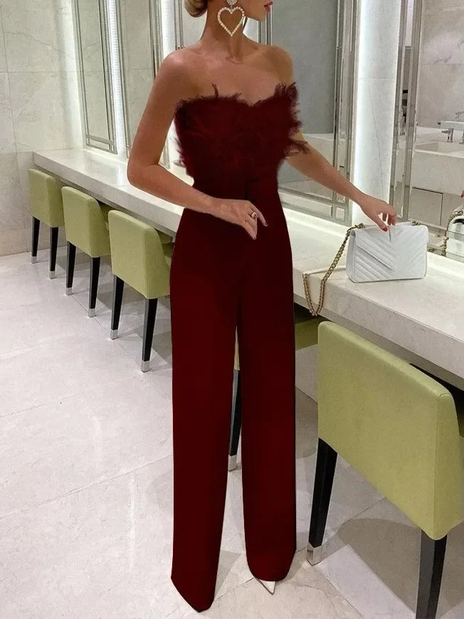 Elegant Jumpsuit Women Long One Piece Strapless White Slash Neck Feather Y2k Top Sexy Wedding Party Night Evening Rompers Summer