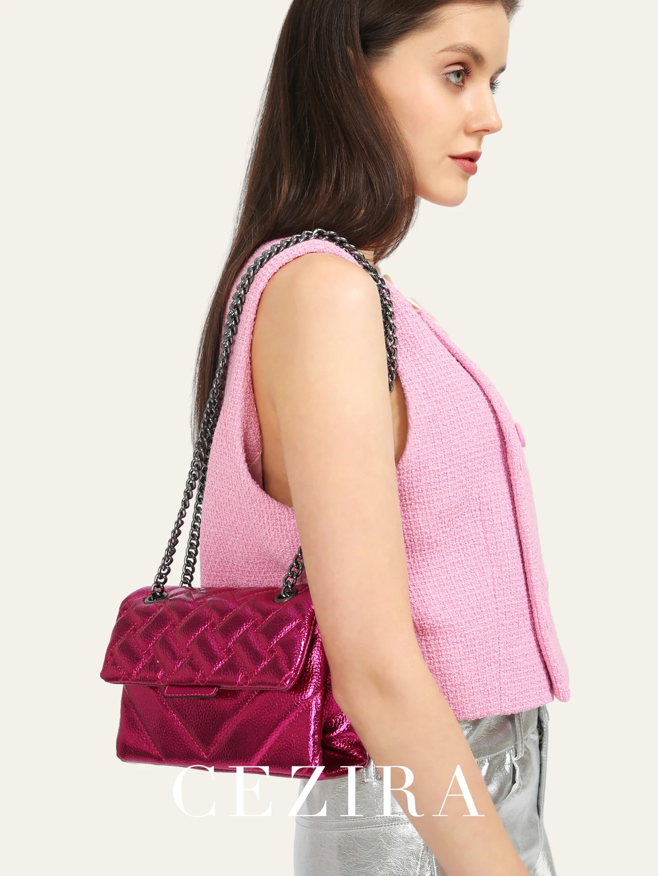 Women Fashion Metallic PU Vegan Leather Handbag Luxury Quilted Flap Messenger Shoulder Bag Long Chain Purse Daily Casual Travel