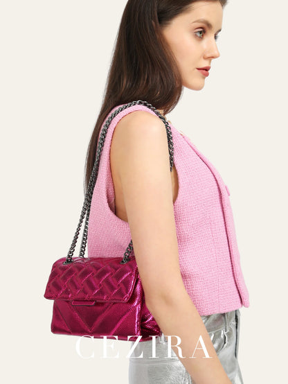 Women Fashion Metallic PU Vegan Leather Handbag Luxury Quilted Flap Messenger Shoulder Bag Long Chain Purse Daily Casual Travel