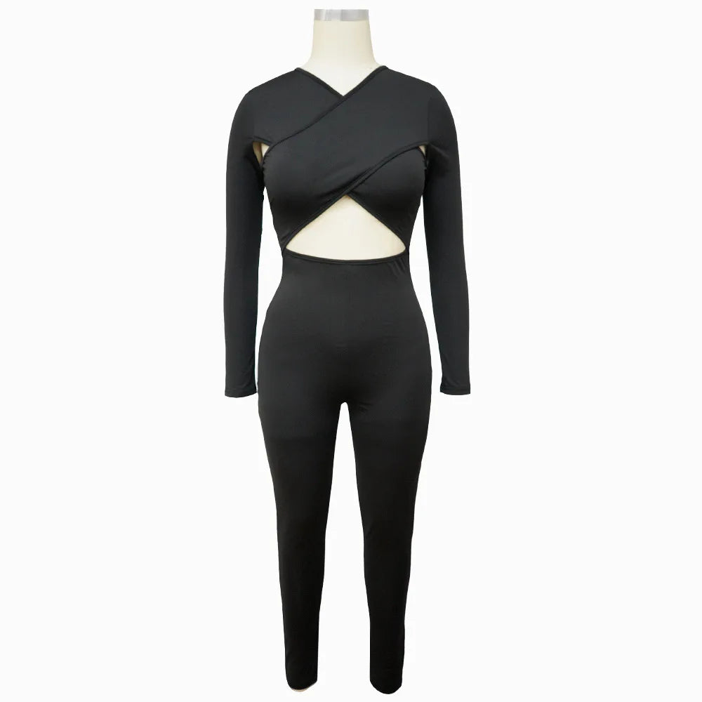 CM.YAYA Women Hollow Out Cross Sexy Party Clubwear Long Sleeve Jumpsuits 2024 Winter Autumn Street Crop One Piece Suit Rompers