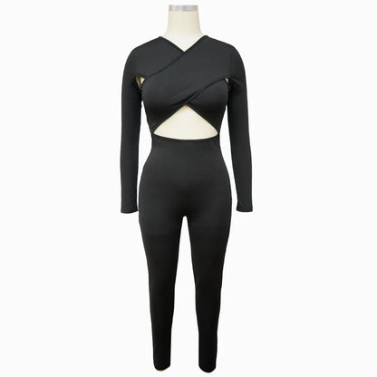 CM.YAYA Women Hollow Out Cross Sexy Party Clubwear Long Sleeve Jumpsuits 2024 Winter Autumn Street Crop One Piece Suit Rompers
