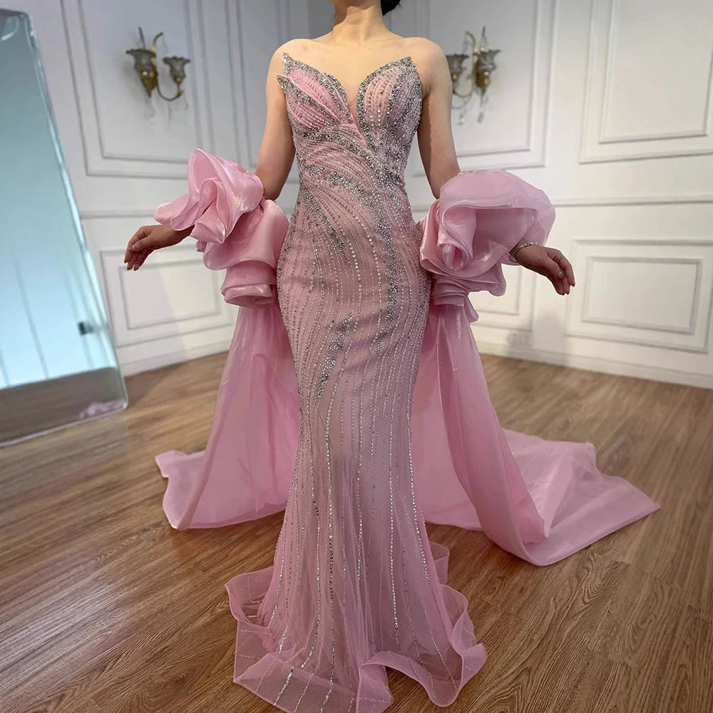 SERENE Hill 2026 Luxury Dubai Nude Strapless Mermaid Beaded Evening Dress with Detachable Sleeve Party Gown GLA72896 Customized