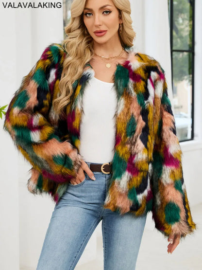 2026 Autumn Winter Color Print Faux Fur Coat Women Casual Long Sleeve Fluffy Plush Jacket O Neck Thick Fake Fur Warm Outwear