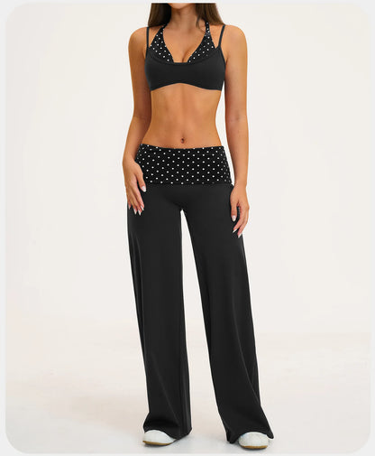 2PCS Stripes Fitness Suit Women's Tracksuits Polka Dot High Waist Workout Capri Pants Sports Set Female Yoga Sports Clothes