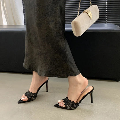 Luxury Lace Crochet Mule Slipper Woman Brand Design Point Toe High Heel Slide Sandal Ladies Elegant Evening Party Stiletto Shoes