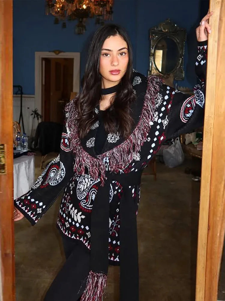 Gem Print Knit Tassel Cardigan Lapel Tie Loose Long Sleeve 2026 Autumn Chic Women Boho Street Daily Fashion Ladies Knitwear