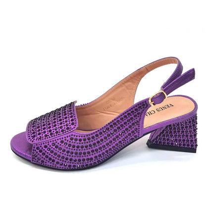 High Heels Shoes for Women Embroidery Rhinestone Italian Design Blue Color Pointed Toe Shoes and Bags Set Fashion