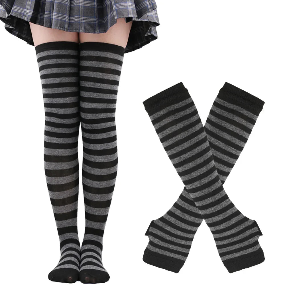 Long Over Above Knee Socks Womens mittens Arm Sleeve Gloves Set Striped Thigh High Stockings Ladies Girl Pink Black White Lolita