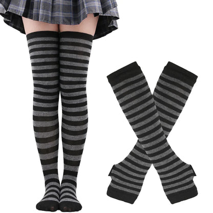 Long Over Above Knee Socks Womens mittens Arm Sleeve Gloves Set Striped Thigh High Stockings Ladies Girl Pink Black White Lolita