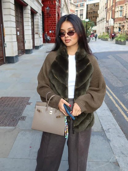 Knit Long Sleeve Faux Fur Patchwork Jacket Coat Women Zipper 20256Winter Fashion Warm Female Cardigans Commute Lady Outwear Tops