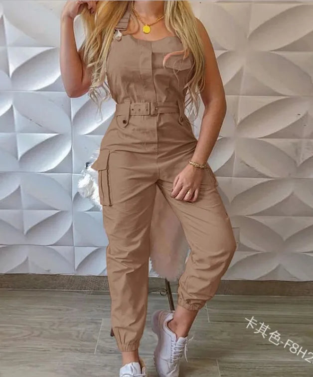 Fashion Pocket Jumpsuit Women Loose Dungarees Long Rompers Summer Solid Pockets Cargo Pants Female Casual Work Out Playsuits