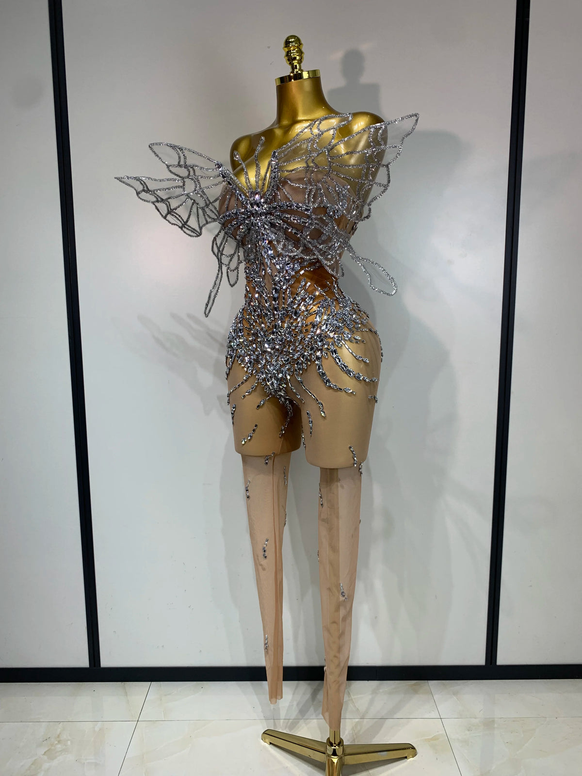 Sparkly Silver Diamond Butterfly Strapless Sheer See Through Jumpsuit Eveing Party Birthday Bar Nightclub Sexy Stage Costumes