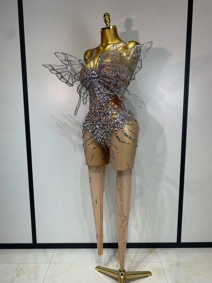 Sparkly Silver Diamond Butterfly Strapless Sheer See Through Jumpsuit Eveing Party Birthday Bar Nightclub Sexy Stage Costumes