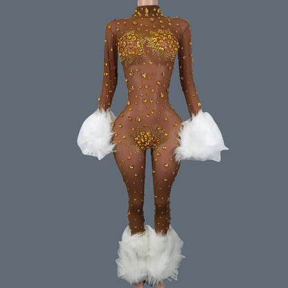 Shiny Crystals Pink Mesh Jumpsuit Sexy Feather Designe Birthday Jumpsuit Club Singer Event Performance Costume Stage Wear Guibin