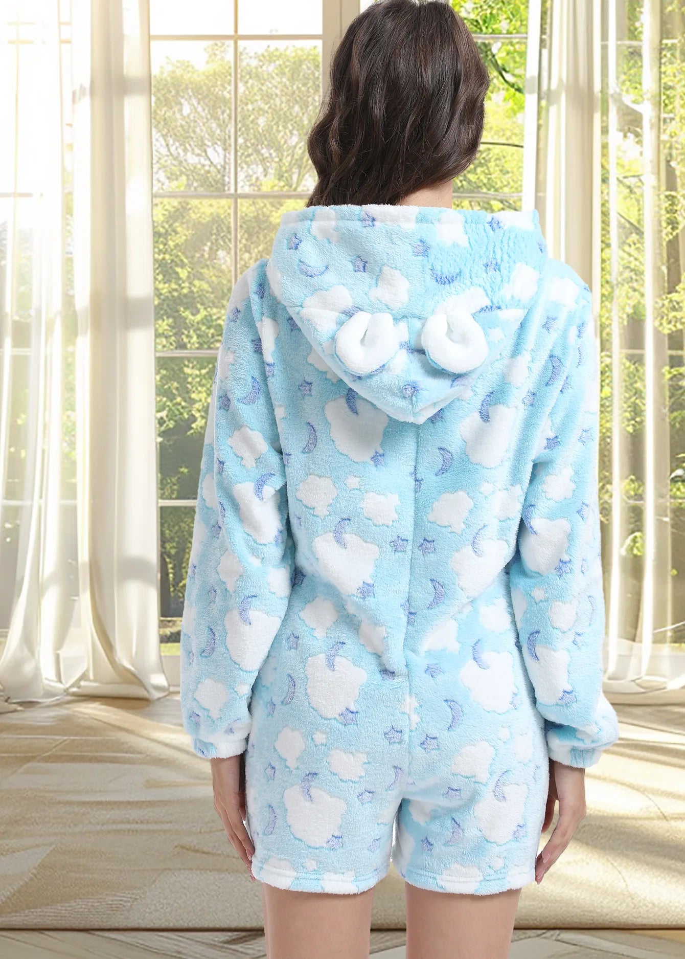 Coral Fleece Women Jumpsuit Pajama Home Clothes Cartoon Flannel Hooded Long Sleeve Shorts Onepieces Sleepwear Thicken Loungewear