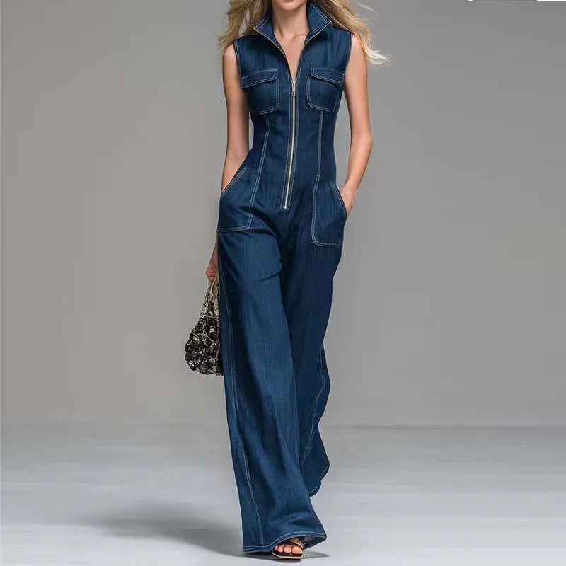 New Women's Sleeveless Denim Jumpsuits High Waist Wide Leg Cargo Pants Front Zipper Casual Office Overalls Summer Jean Jumpsuit
