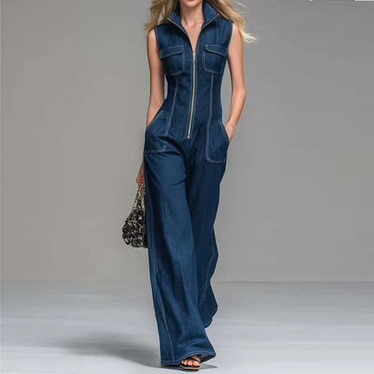 New Women's Sleeveless Denim Jumpsuits High Waist Wide Leg Cargo Pants Front Zipper Casual Office Overalls Summer Jean Jumpsuit