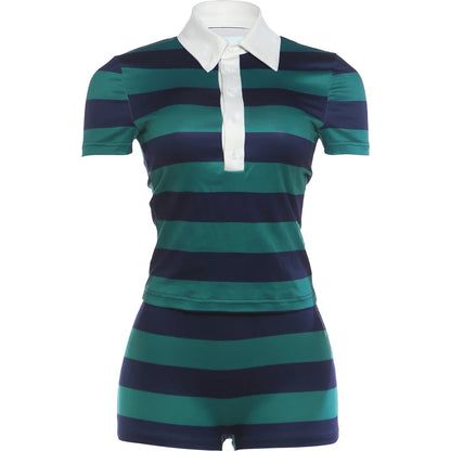 Weird Puss Striped Print 2-Piece Set Women Lapel Single-Breasted Patchwork t-Shirt+Simple Mini Short Sporty Style Streetwear